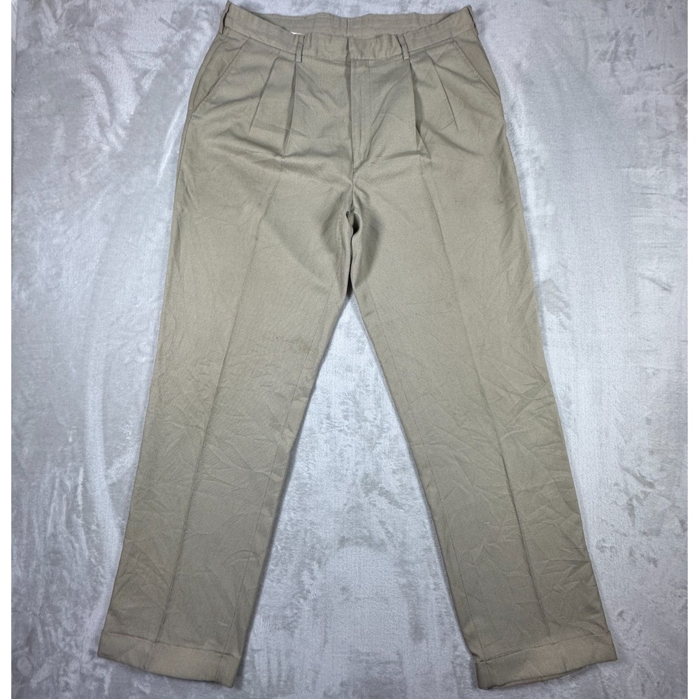 Geoffrey Beene Dress Pants Mens 36x32 Beige Non Iron Slacks Trousers Flat Front